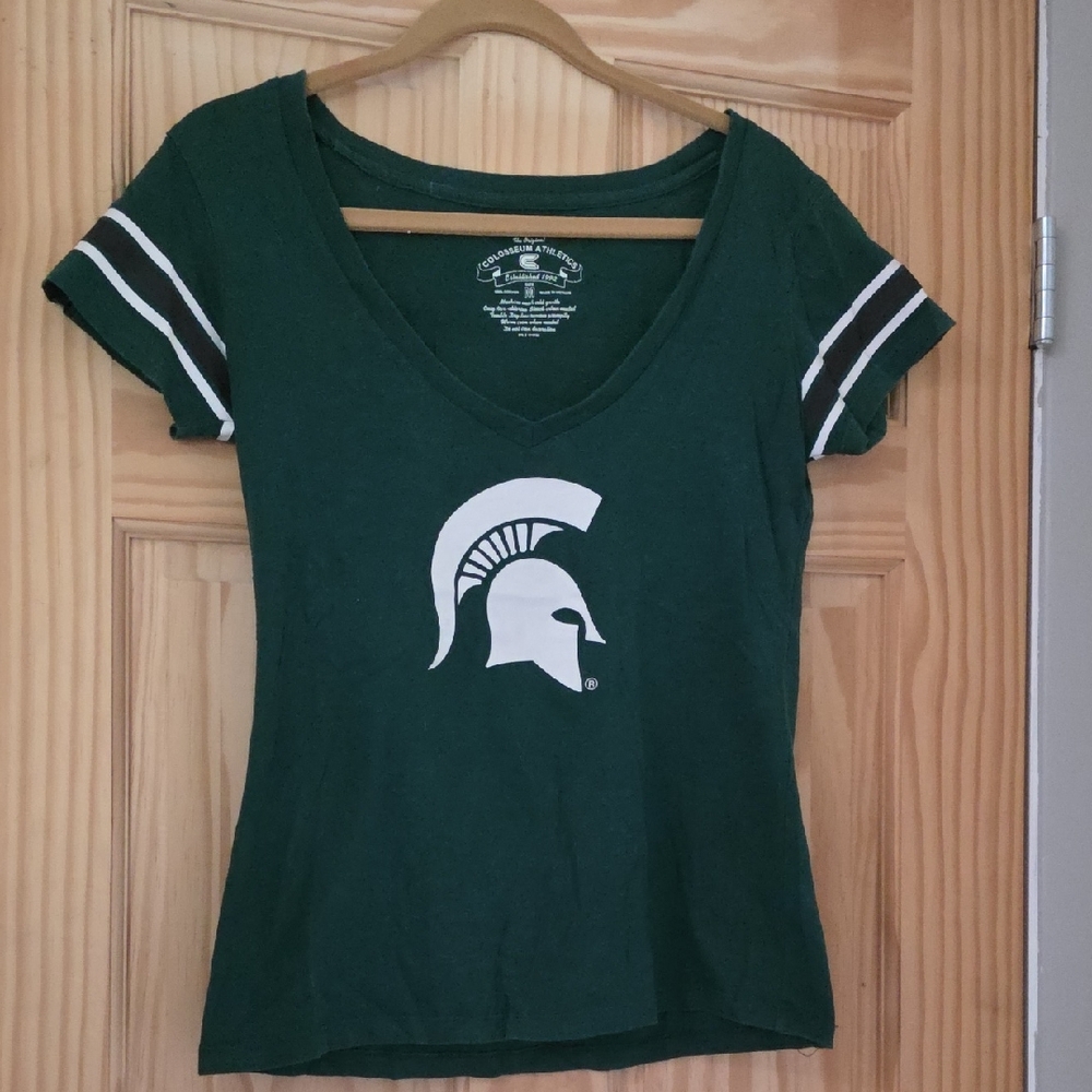Colosseum Dark Green V-Neck Tee with White Spartan Logo